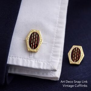 Vintage Art Deco Snap Link Cufflinks – Red Enamel Mosaic Design – c.1930